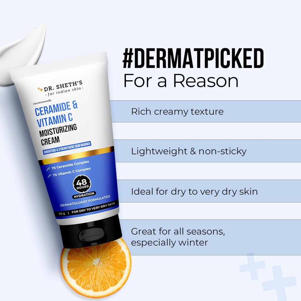 Dr. Sheth's Ceramide & Vitamin C Moisturizing Cream 50G For Deep Hydration Bright Skin Barrier Repair