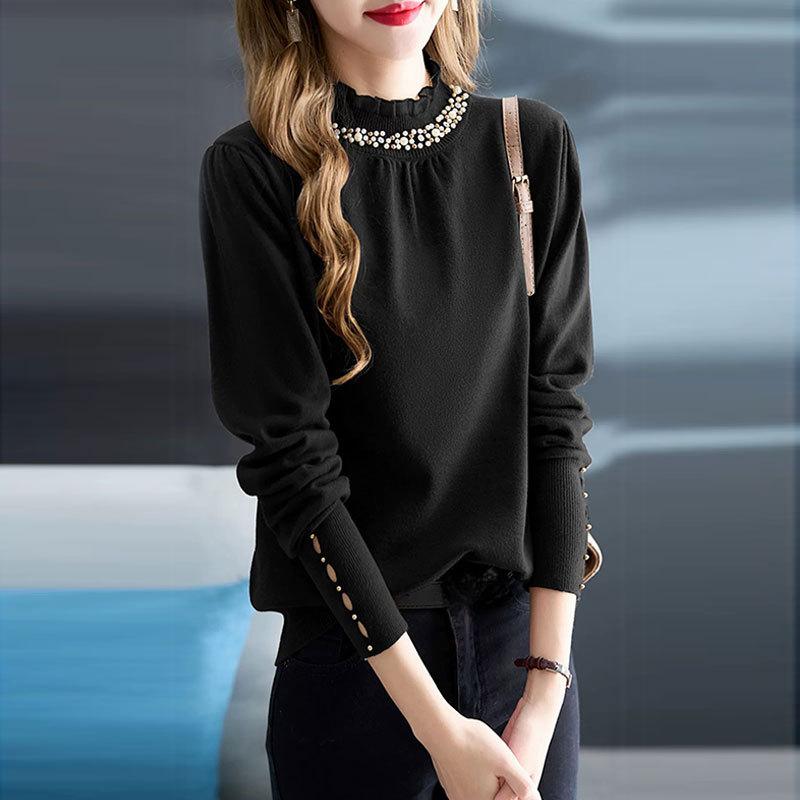 Nail Bead Small Half High Neck Sweater Base Sweater Women's Autumn Winter New Lace Lace Knit Sweaters