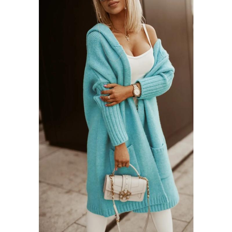 Letter Hooded Cardigan Knit Sweater Women Autumn Winter Loose Long Sleeve Coat Long Knitted Jacket Pocket Overcoat Office Lady