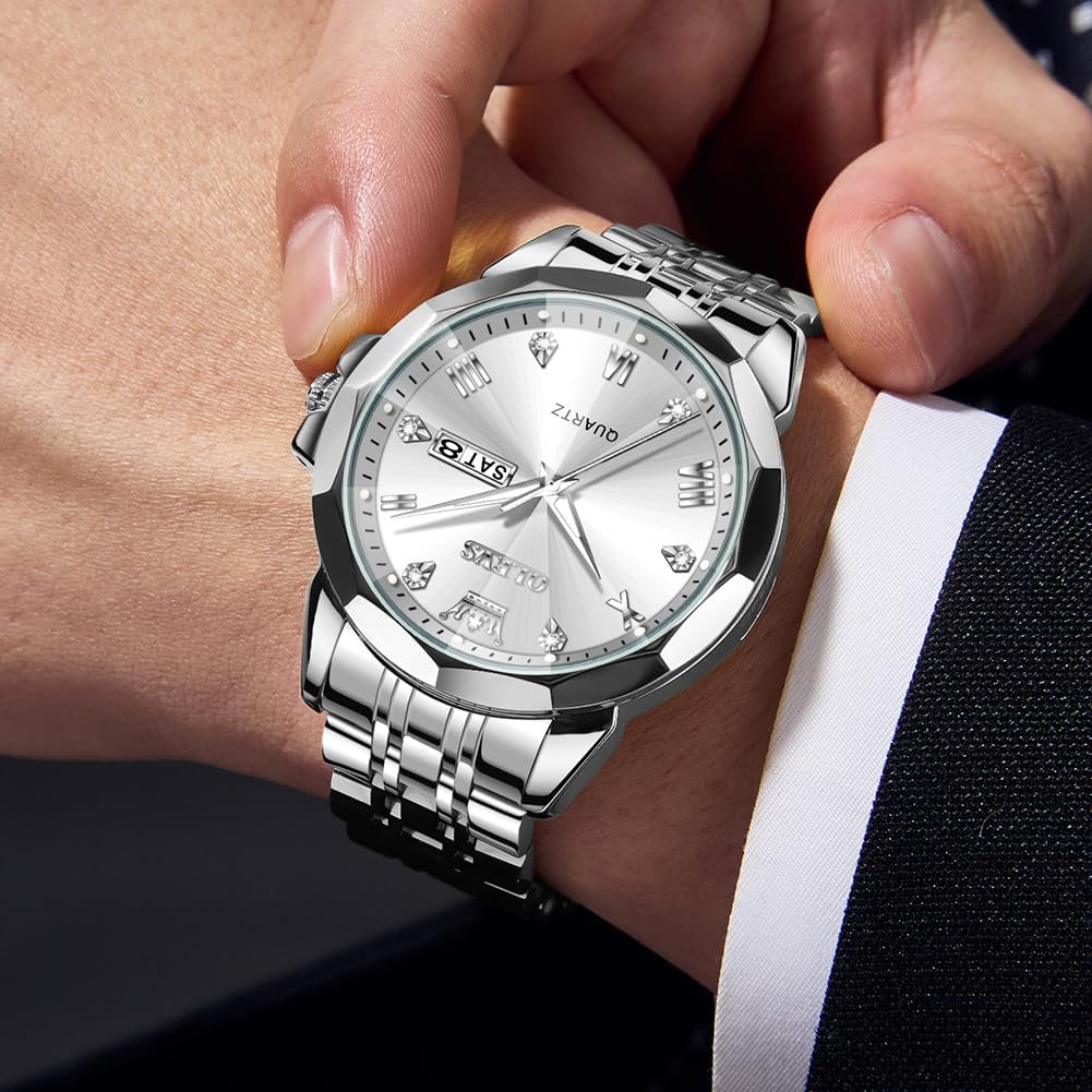 OLEVS Quartz Fragrance Stainless Date Brand White Men's Watch, Steel, Waterproof, Display, Calendar, Luminous, Popular, Stylish, Name,