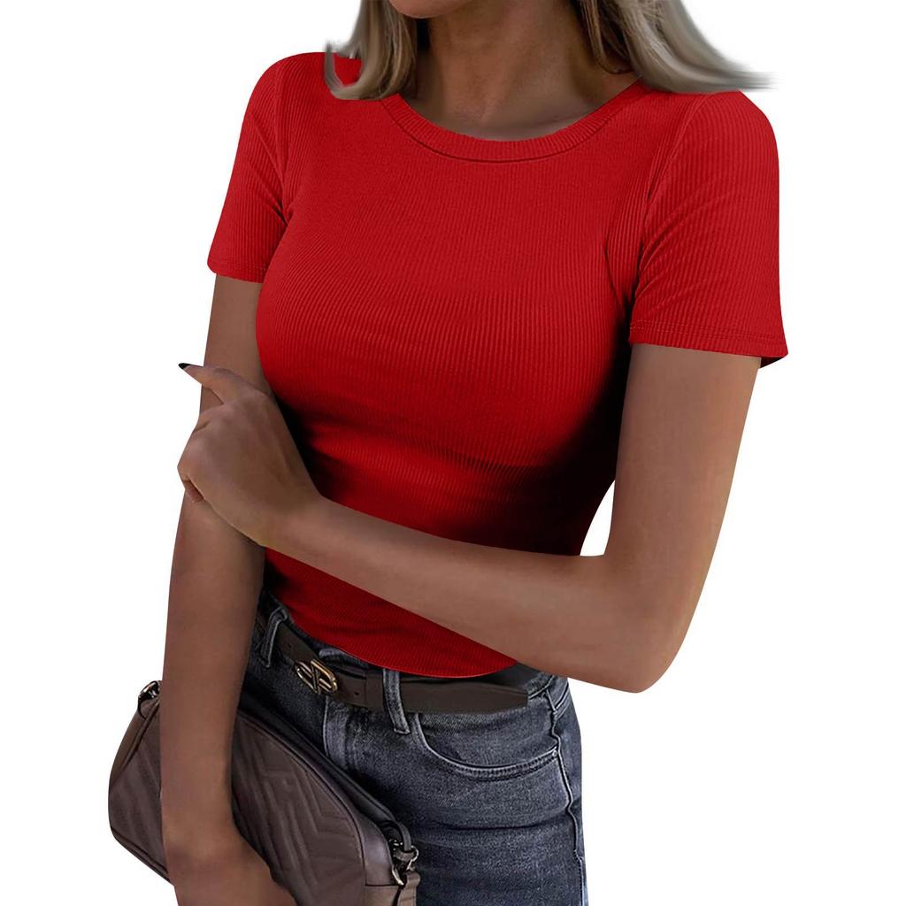 Ladies Slim Bottom T-shirt Fashion Casual Colour Round Neck Pullover Short Sleeve Top