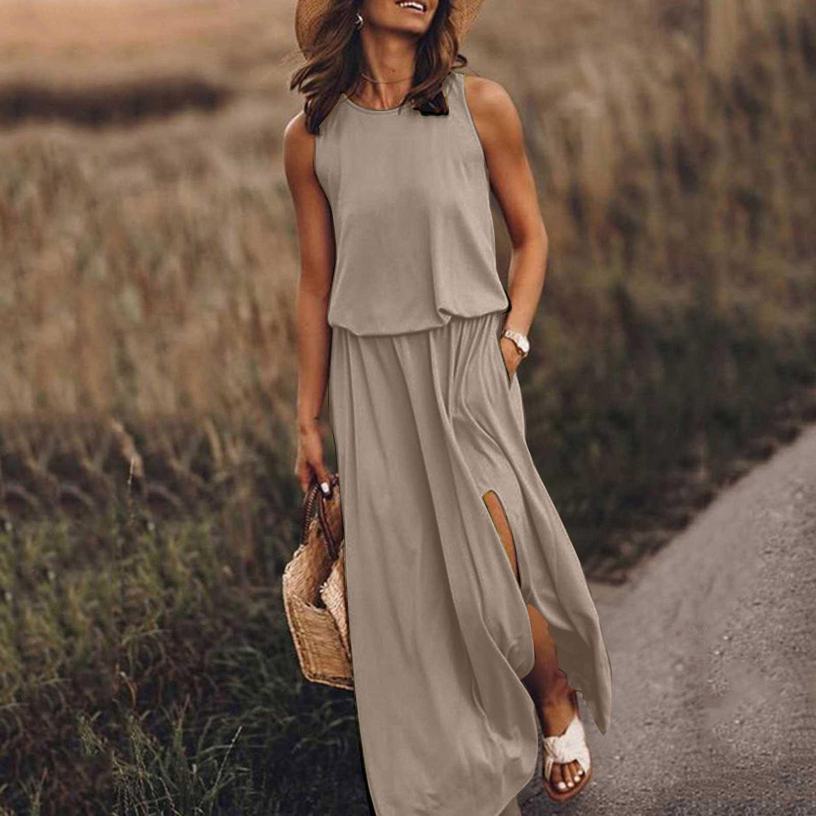 

Женское модное платье с эластичной резинкой на талии, однотонное сексуальное платье с круглым вырезом и разрезом XL хаки