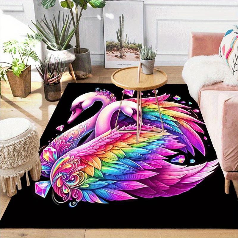 1pc Colorful Swans Print, Design Indoor Area Rug - Soft, Anti-Slip, and Durable Gaming Room Decor for Bedroom