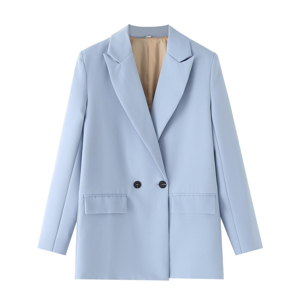 Women Fashion Pockets Solid Double Breasted Blazer Vintage Long Sleeves Notched Neck  Office Lady Outfits