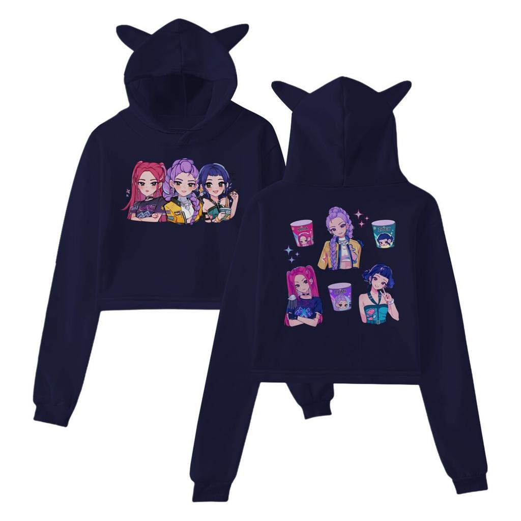 Hot Anime Kpop Demon Hunters Print Hooded Fashion Women Girl Sweatshirt Cropped Hoodies Casual Tops Harajuku Cat Ear Sweatshirt