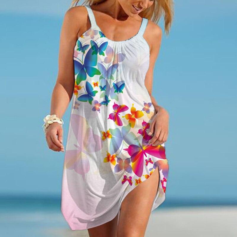 Rochii de vară de plajă pentru femei, cu talie lejeră, fără mâneci, cu guler rotund, modă, rochie cu imprimeu digital 3D, A-line, tip furou 25705
