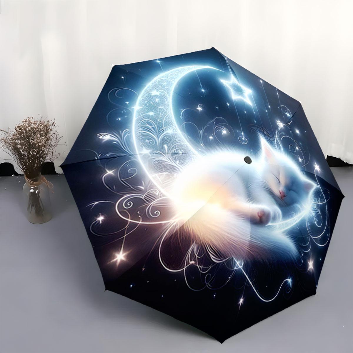 

Automatic Open/Close Umbrella with Sleeping Cat & Crescent Moon Design - Compact Travel Umbrella, Elegant Night Sky Pattern, P Iron&8K
