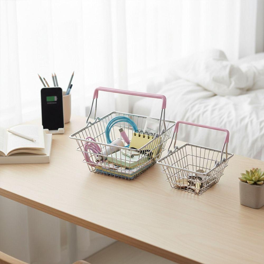 1 pezzo Cestino Mini da Shopping in Filo Metallico Resistente 2 Misure Disponibili con Manico Cestino da Scrivania per Organizzazione Rete Organizzatore da Scrivania Decorazione per la Casa