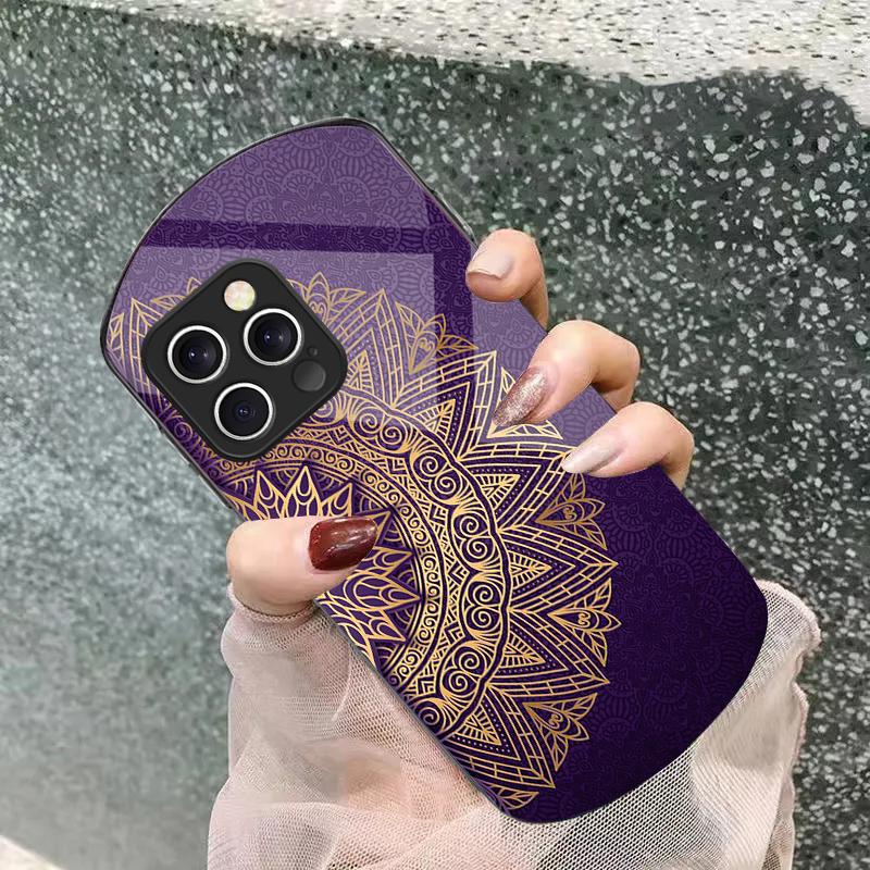 Golden Half Mandala For Iphone 11 12 13 14 15 16 Pro Max Plus Mini 7 8 Se 2020 X Xs Xr Elliptical Tempered Glass Phone Case