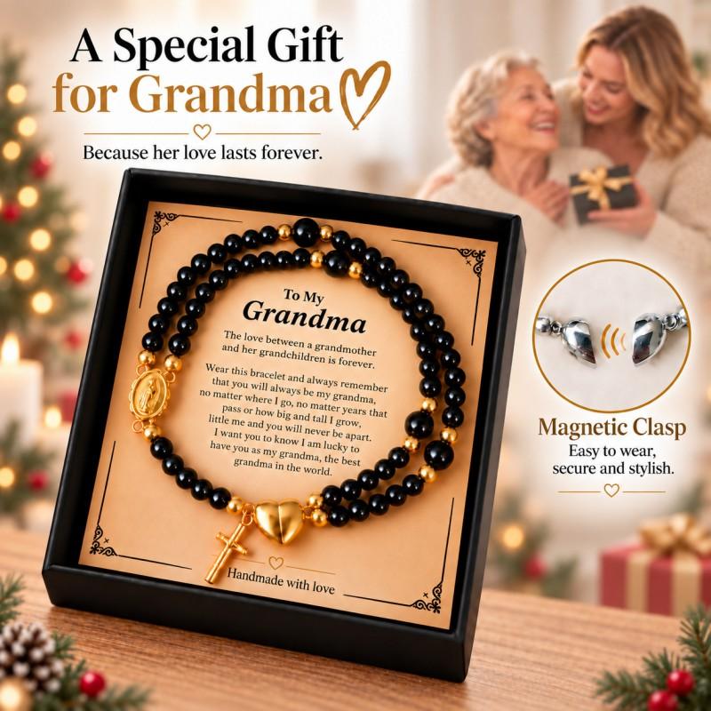Christmas Themed Black Bead Heart Magnetic Clasp Bracelet With English Greeting Card Women