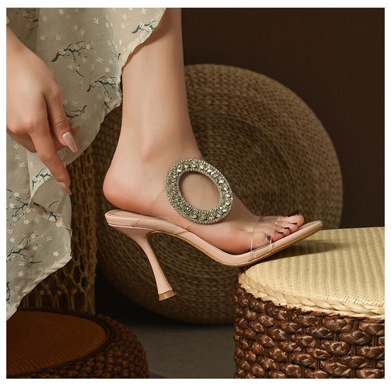 

Женская обувь, летние сандалии, однотонные атласные прозрачные ПВХ-кольца с украшением в виде большого кристалла, женское платье, тапочки на высоком каблуке
