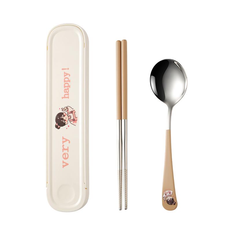 304 Stainless Steel Cartoon Tableware, Chopsticks and Spoons, Food Grade, Office Workers, Single Tableware