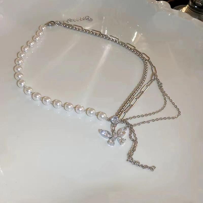 Shiny Butterfly Splicing Pearls Necklace For Women Sweet Simple Tassels Clavicle Chain Choker Trending Pendant Jewelry