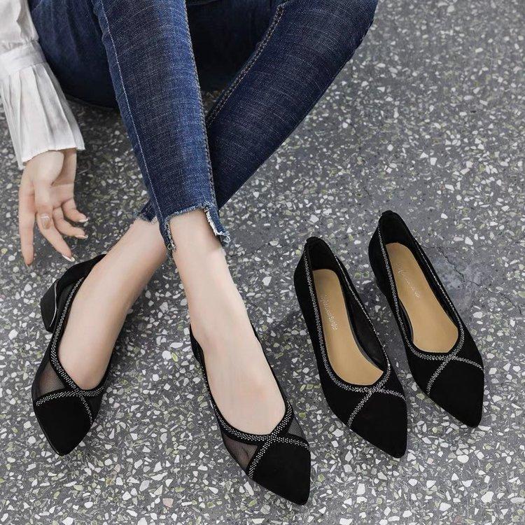 Breathable Mesh Sandals Women's 2025 New Summer Pointed Head Shallow Mouth Single Shoes Thick Heel Flat Bottom Versatile Comfortable Small Leather