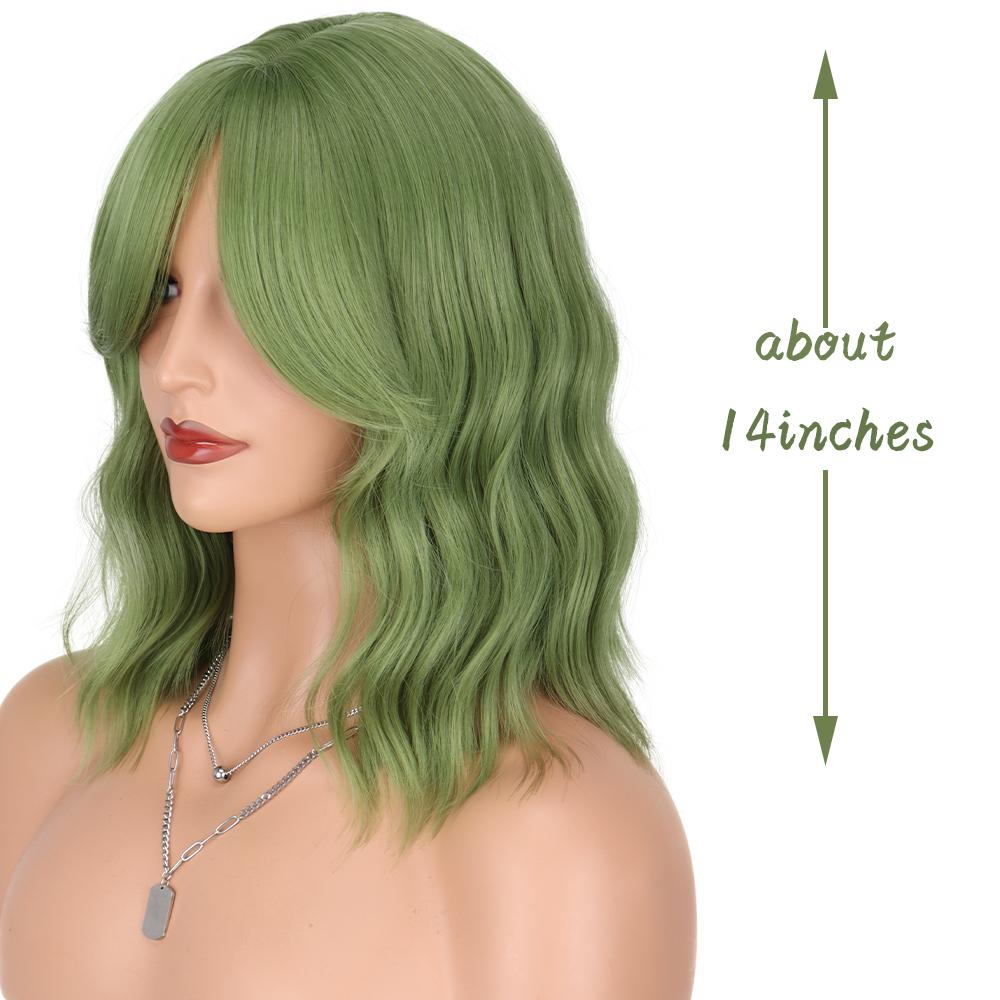 XINRAN Medium Water Wave Synthetic Grey Blue Wigs with Bangs Middle Part Bangs Bob Cosplay Hair Wig for Women Heat Resistant Fiber