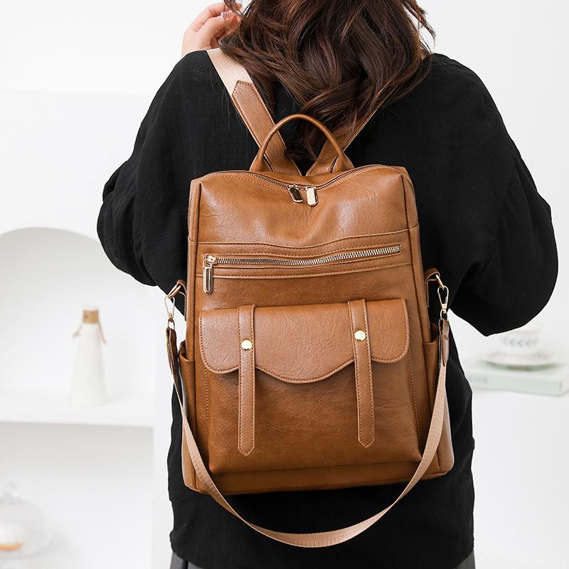 Soft Leather Backpack for Women, Retro British Fashion, Versatile Schoolbag, Casual