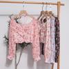 Spring Casual French Floral Blouse Women Elegant Vacation Bohemian Ruched Tops Slim Elastic Print Shirts