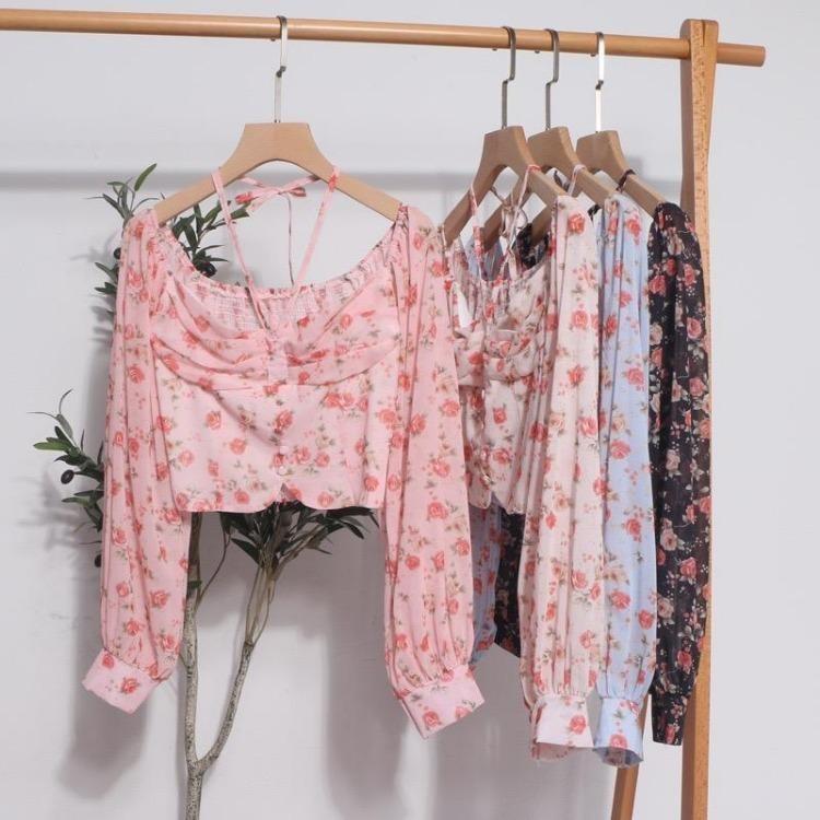 Spring Casual French Floral Blouse Women Elegant Vacation Bohemian Ruched Tops Slim Elastic Print Shirts