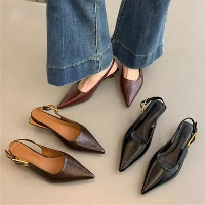 Sandales noires d'été pour femmes, chaussures élégantes à bout pointu et à enfiler, à talon moyen fin, collection 2025