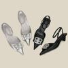 Mode 2025 Sandalen mit hohen Absätzen Halber Dutt Hinterkopf Leere Damenschuhe Große Strasssteine Besetzt Spitzschuhe Party