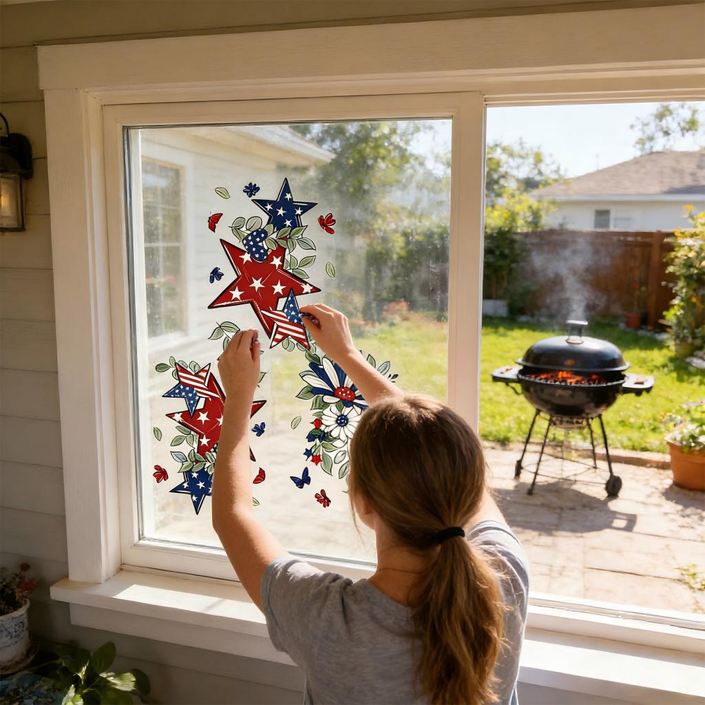 8 Sheets Patriotic Window Clings, Window Stickers Star Flower Butterfly Hanging Vine Floral Window Decals For Independence Day