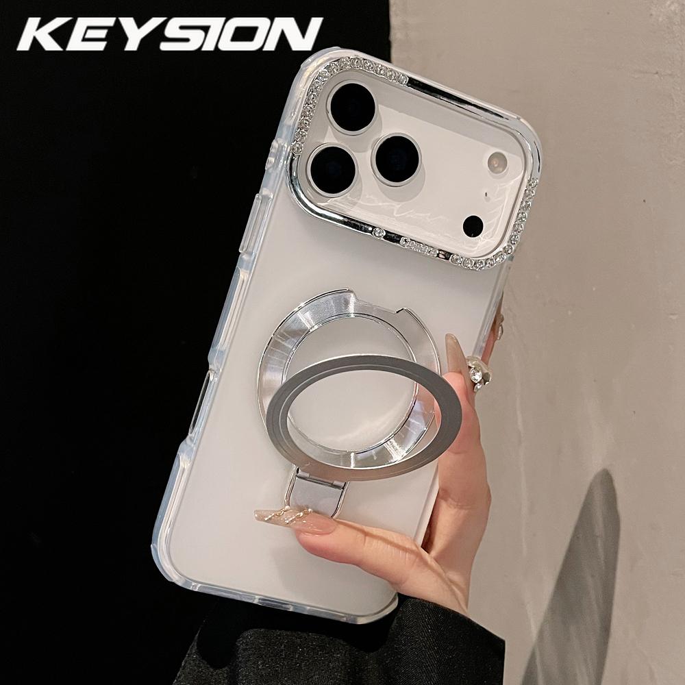 KEYSION Magnetic Jewelled Case for iPhone 16 17 Pro Max Air 16 Plus Transparent Matte TPU+PC Shockproof Ring Stand Phone Cover