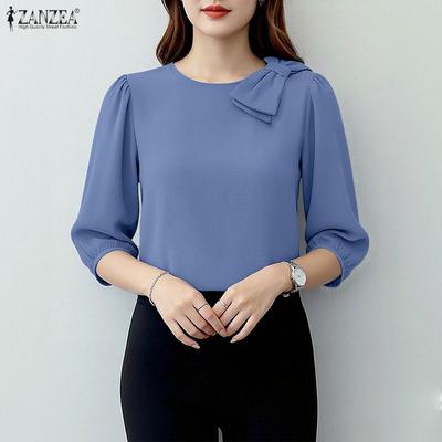 Blusa Casual da Donna con Fiocchi Giuntati, Girocollo, Colore Unito, Manica 3/4