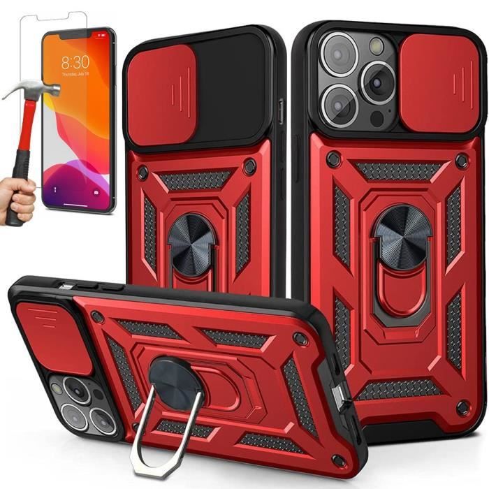 Coque de téléphone - Rouge - iPhone 13 Pro Max - Antichoc - Support rotatif - 2 Vitres en verre trempé