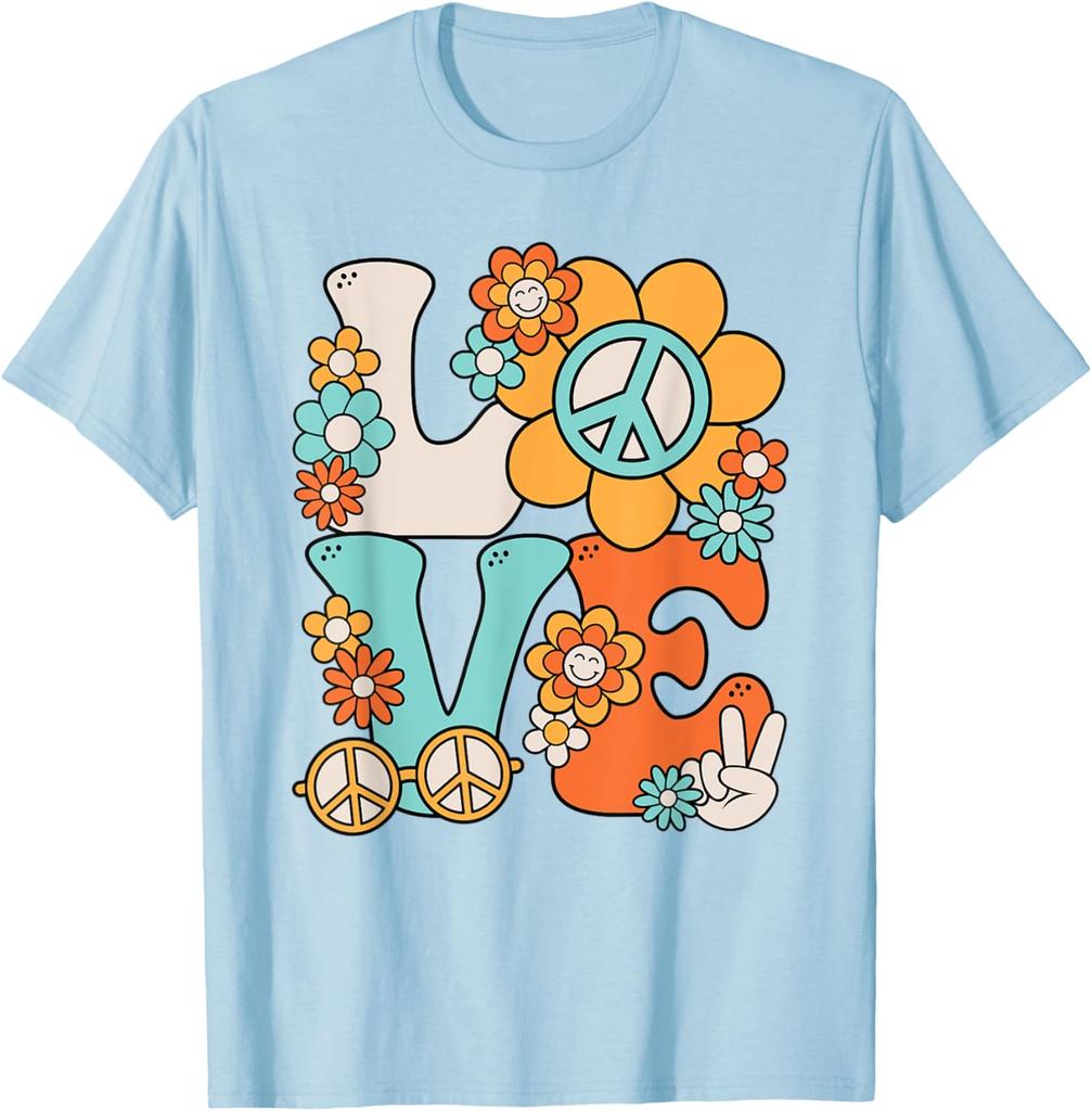Hippie Peace Love Flower  70s Style  Print Cotton T-Shirt Casual Trip Tee for Women