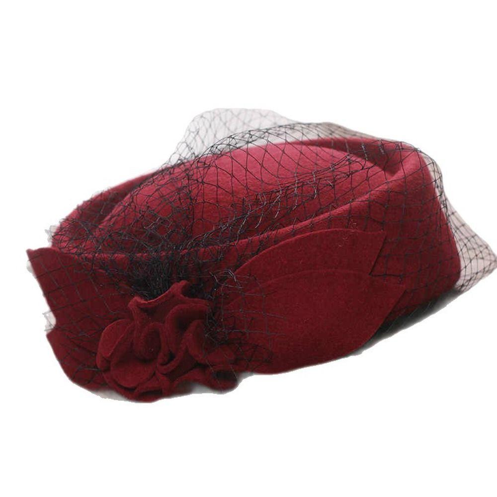 Flower Mesh Topper Hat Solid Color Woolen Beret Woolen Top Hat Formal Hat Performances
