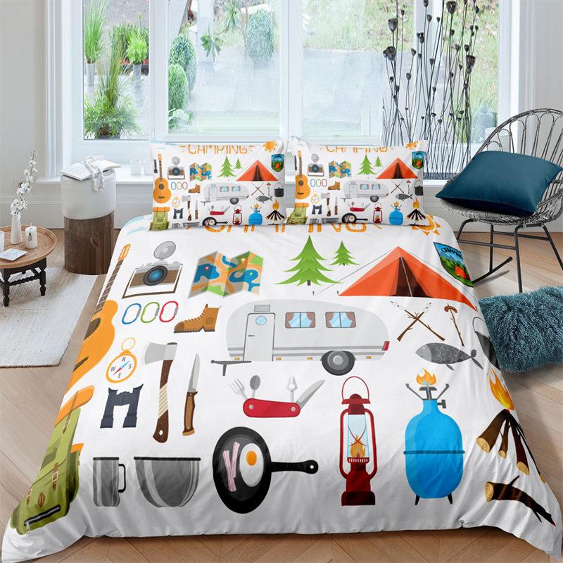 Happy Camping Dekbedovertrek Queen Cartoon Caravan Camping Beddengoedset Boerderij Stijl 3D Camper Dekbedovertrek Met Kussenslopen