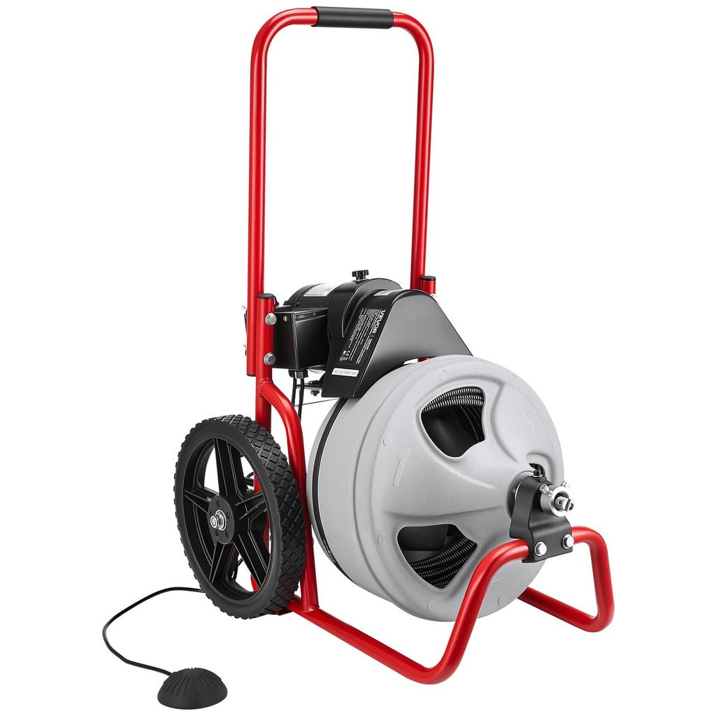 Drain Cleaner Machine 22m x 9.5mm, Sewer Snake Auger Manual Feed on Wheels, Portable Drain Cleaning Machine with 6 Cutters & Air-activated Foot Switch