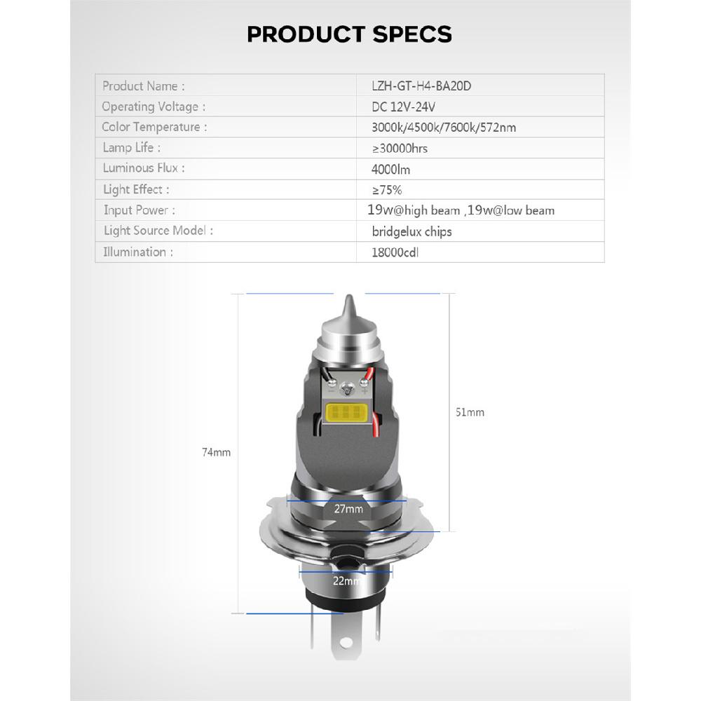 Motorcycle Aluminum H4 Led Headlight 7500K 4000Lm 38W Dual Side Bright Light