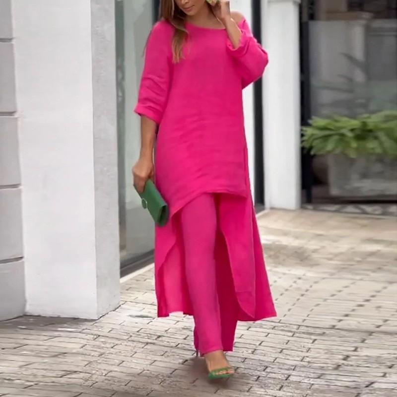 Womens 2026 Elegant Wide Leg Pant Set Loose Fit Solid Color Casual Office Wear Long Sleeve T-Shirt Trousers Ensemble Size S M L