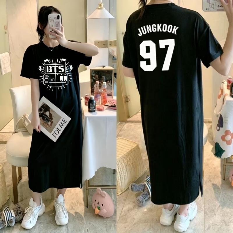 Vestito T-shirt Rotondo Larga Taglia con Fantasia Stampata, Modello Lungo, Camicia da Notte da Donna Stile Rilassato al Ginocchio