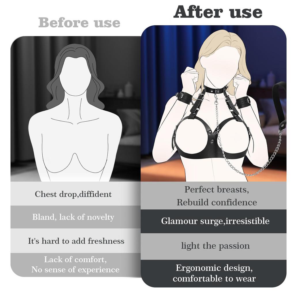 Sex Bondage Kit Sexy Breast Restraints Leather Harness Collars with Traction Chain Handcuffs Bondage Sex Toys For Adult SM Game