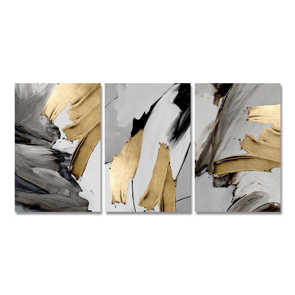 3PCS Frameless Luxury Abstract Gray Golden Painting Wall Art Canvas Prints Pictures For Loft Apartment Living Room Home Office