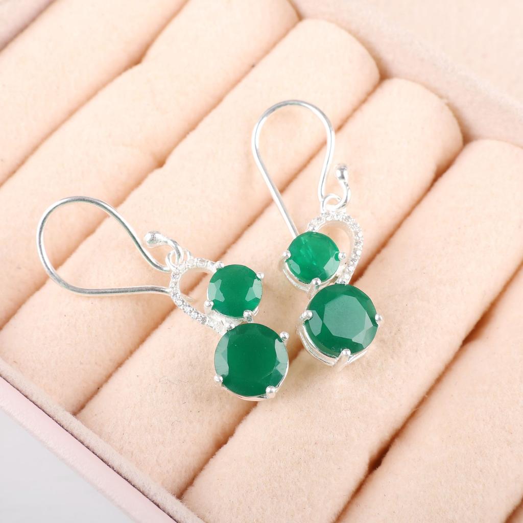 Green Onyx Gemstone 925 Sterling Silver Wedding Jewelry Zircon Earrings 1.38" CZE-3-8