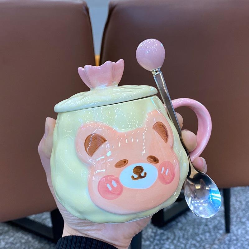 Cute Rainbow Unicorn Ceramic Thread Mug with Lid Spoon Girl Heart Drinking Water Cup Office Coffee Cup
