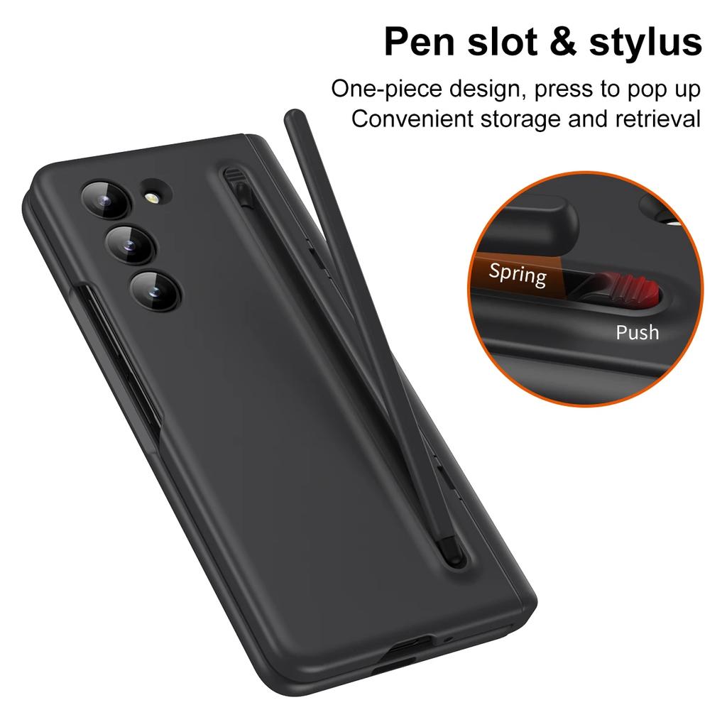 Skin Feel Matte for Samsung Galaxy Z Fold 6 5 4 3 Case with Tempered Film Pen Slot Capacitor Pen Folding Hinge Bracket Cover