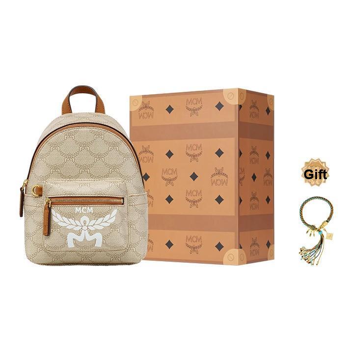 MCM Stark Lauretos Monogram Coated Canvas And Leather Mini Backpack Women Backpack Beige MMKESVE03I9001