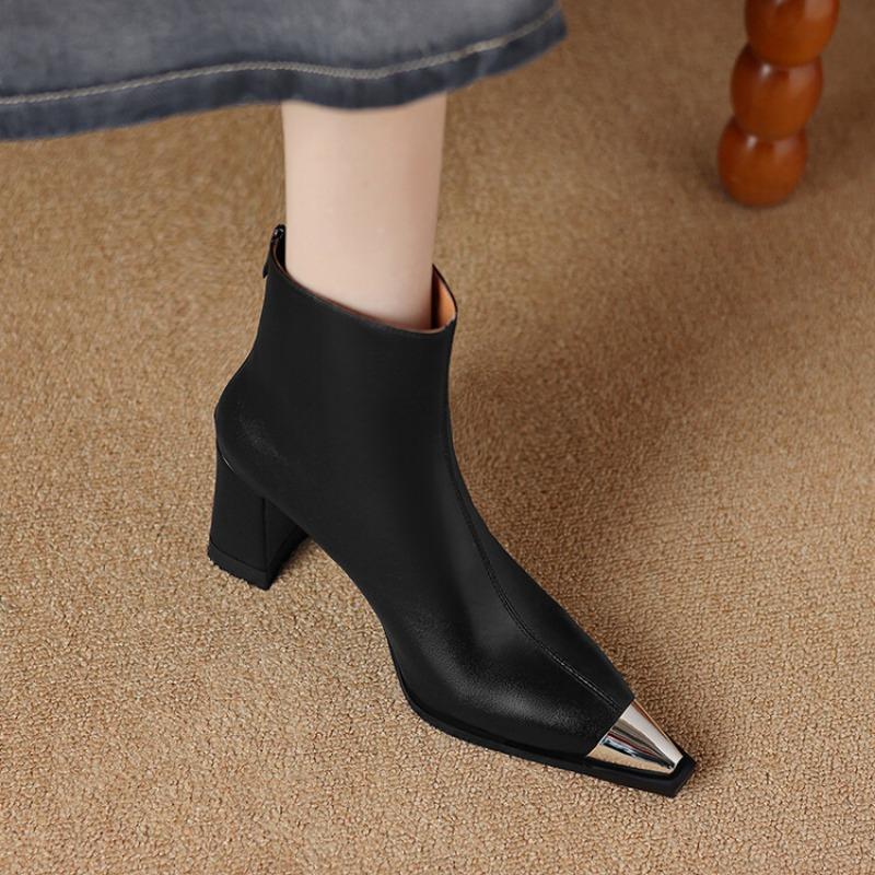 Fashion Women's Fashion Thick Heel Single Boots Winter New Metal Pointed Head Back Zipper Anti-slip Wear-resistant Short Boots