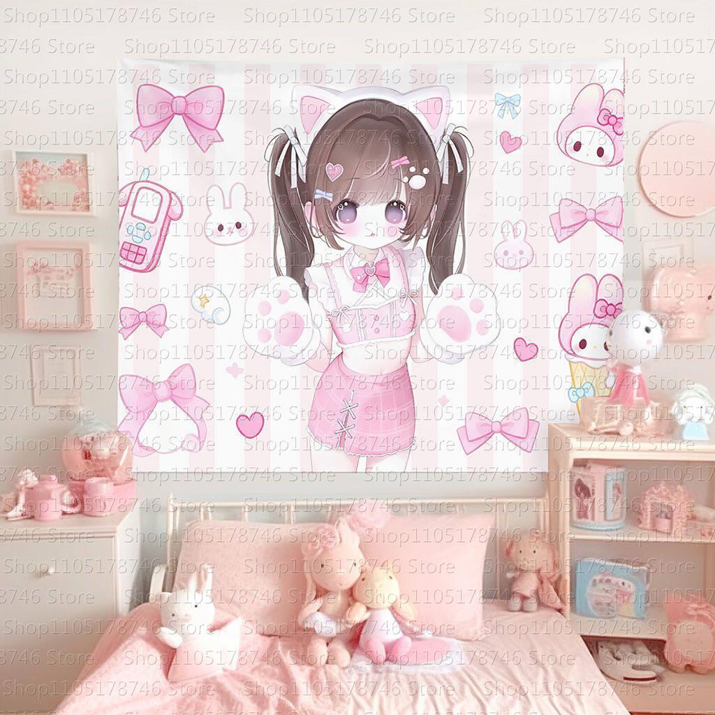 Kawaii Anime Girl Wall Hanging Tapestry Cute Fashion Bedroom Background Home Decor Original Design Wall Tapestries