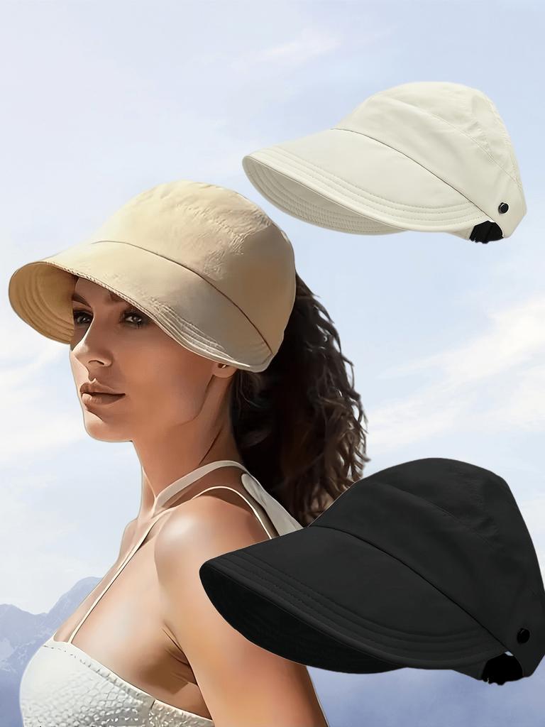Womens Breathable Wide Brim Sun Hat With Open Top For Ponytail Summer Foldable Packable