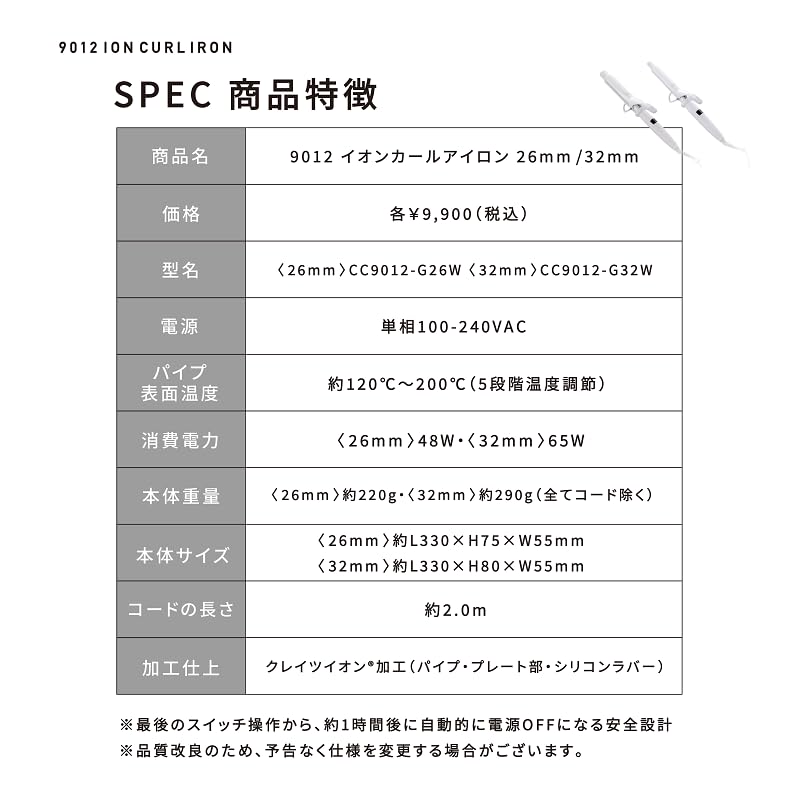 Create 9012 Ion Curling International Professional Size Iron, 32mm, CC9012-G32W, Compatible, Auto-Off Function, Favorite, Best-Selling