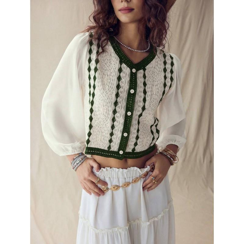 Womens Lightweight Knit-Overlay Crochet Cutout Long Sleeve Top Bubble Open Cardigan Office Chic Small