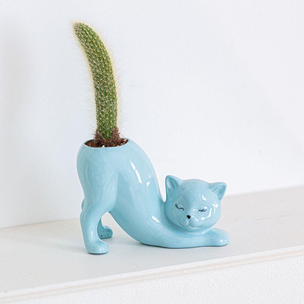 Handicraft Cat Tail Column Flower Pot Ceramic Animal Figurines Sculpture Succulent Flowerpot  Home