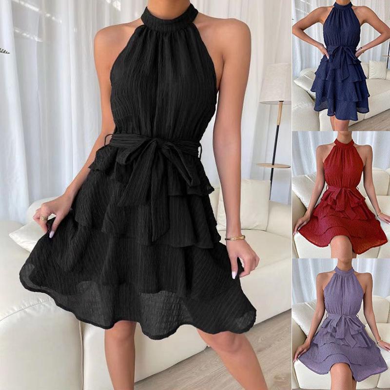 

Summer lace-up halter-neck stitching sleeveless ruffled dress women S чёрный