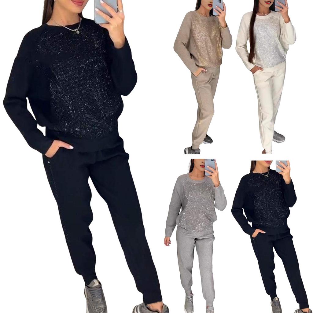 2 Teile/satz Frauen Top Hosen Anzug Strass Dekor O Hals Langen Ärmeln Patchwork Sport Sweatshirt Elastische Taille Hose Fitness Outfit Herbst frühling