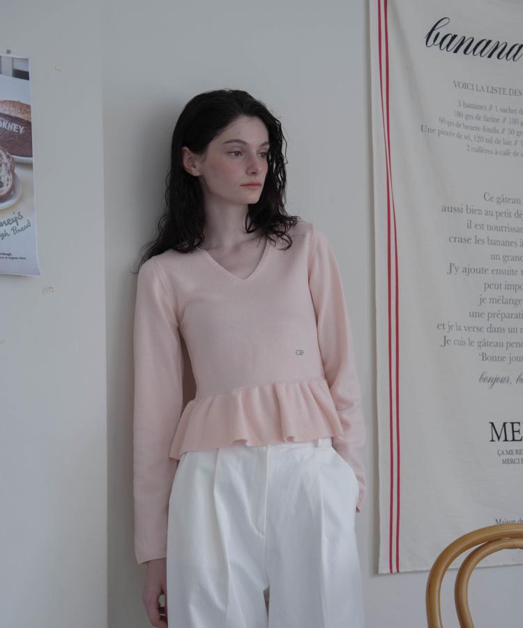 DEHEVE V-Neck Flare Shirring Knit [Pink]